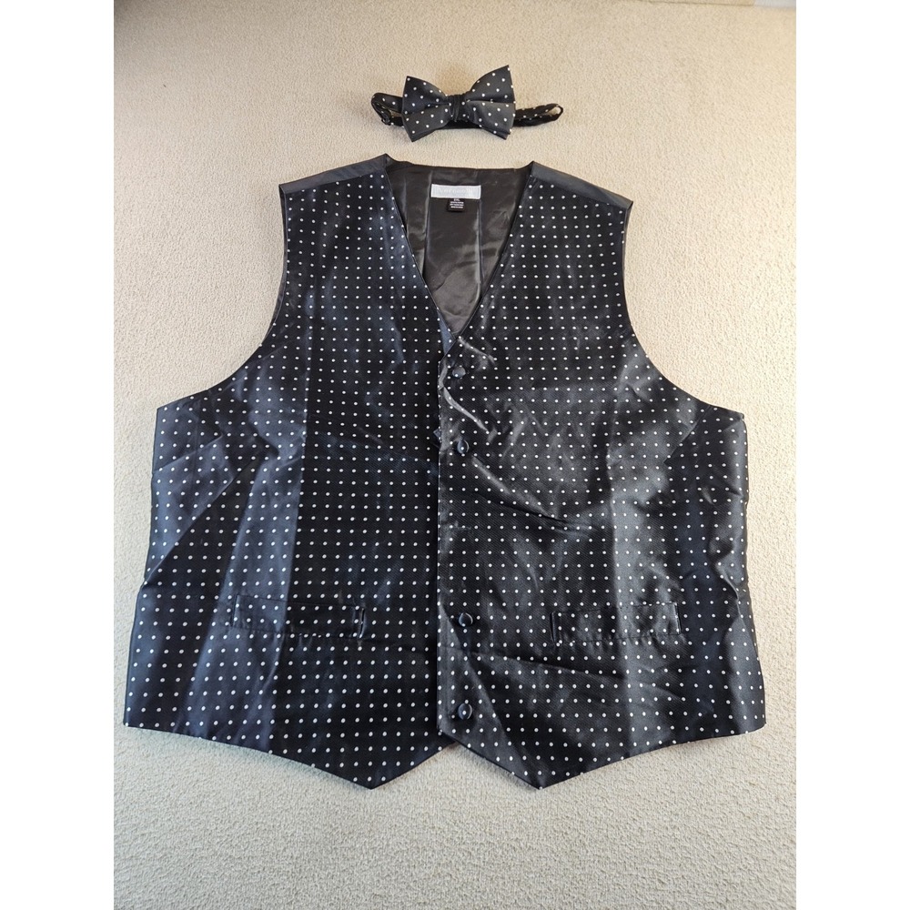 Veronelli Men's 2XL Black White Polka Dot Tuxedo Vest & Bow Tie Formal